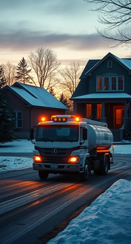 TLN Fuel delivery truck arriving at a home at dusk in a snowy neighborhood